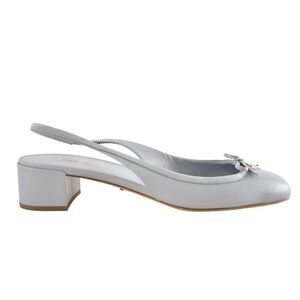 Prada Grey Blue Triangle Logo Bow Ballerina Mule Block Heel Slingback Pump 39.5